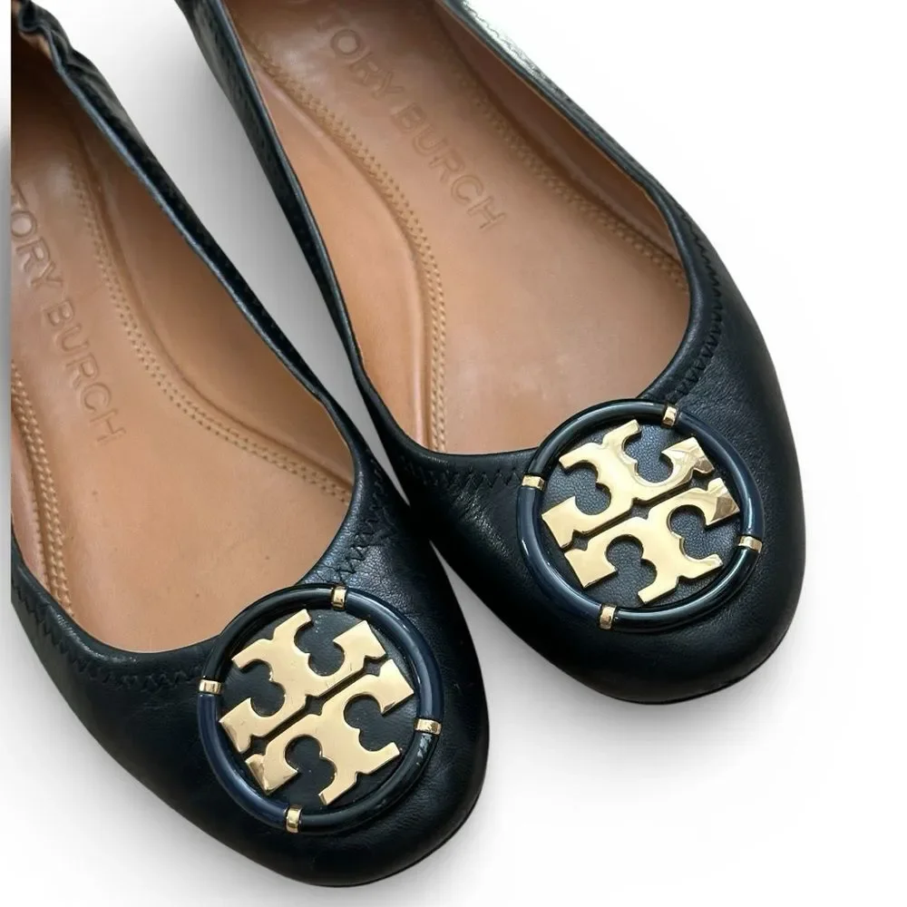 Tory Burch Multi-Logo Ballet Flat Black Leather Size 6.5